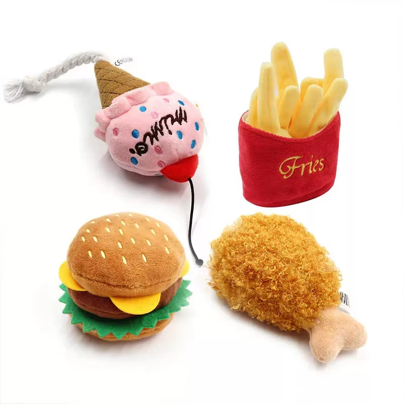 4/7PC SET Hamburger Plush Soft Stuffed Dog Toyssqueaky French Fries Shape Chew Bite Resistant Toy for Dogs Pet Toys Accessories