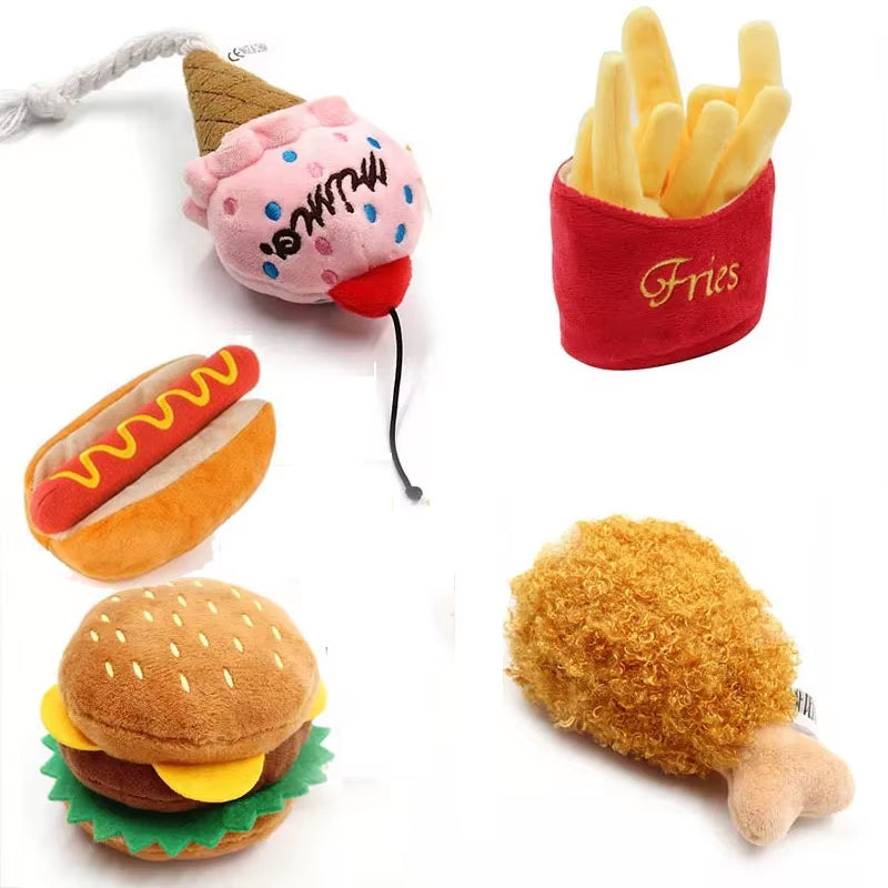 4/7PC SET Hamburger Plush Soft Stuffed Dog Toyssqueaky French Fries Shape Chew Bite Resistant Toy for Dogs Pet Toys Accessories